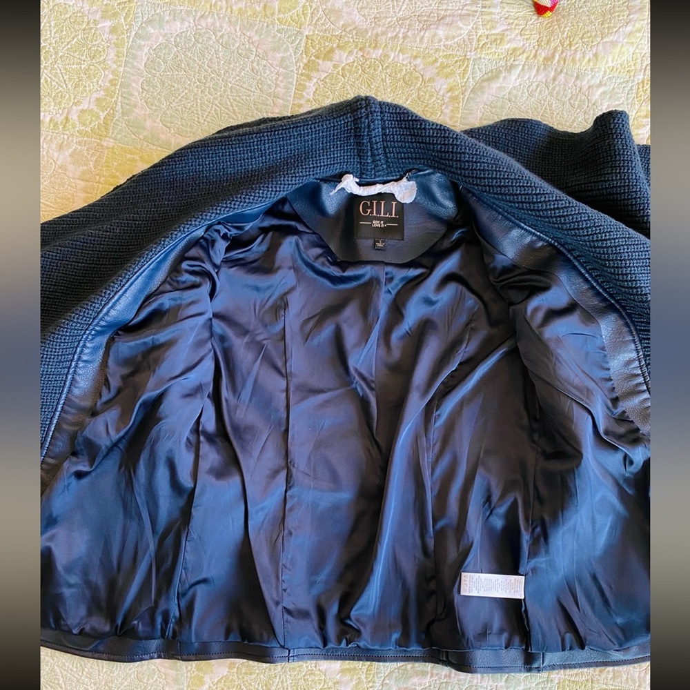 G.I.Ll. Blue faux leather belted moto jacket, attached knit shawl collar NWOT - Picture 6 of 15